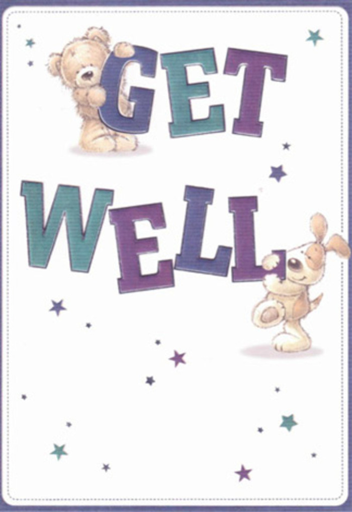 This beautifully crafted get well card is a celebration of encouragement, featuring a sweet bear and a playful puppy entwined with buoyant lettering. The lively 'Get Well' is shaded in bright purples and aquas, grounding the design against a fresh white backdrop that feels as welcoming as Chessington's town centre on a sunny afternoon. Scattered starbursts in blue, indigo, and soft gold float around the scene, sending a cascade of quiet wishes. Details in their fluffy coats and velvety ears add to a sense of touch, as if their comfort could be felt through the page-much like the sensation of gathering a bundle of delicate stems at a local flower market. This card brings with it the spirit of neighbourly care, reminiscent of well-wishers delivering flowers up Garrison Lane or greeting neighbours on their way to the Chessington Garden Centre. Every element is thoughtfully placed by the artist, echoing the meticulous work of a local florist, with each brushstroke offering reassurance and gentle hope for anyone recovering nearby.